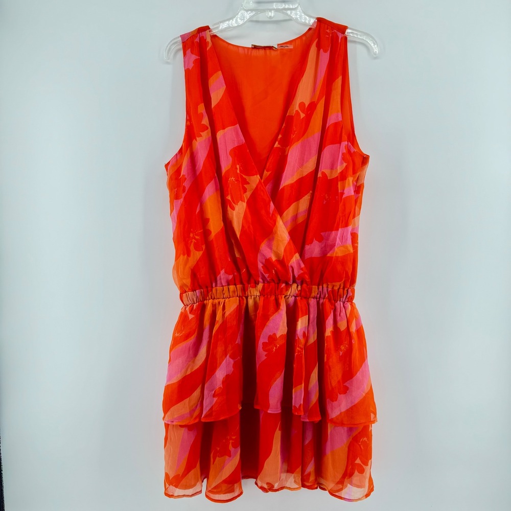 Ramy Brook Baldwin‎ Floral Orange V Neck Sleeveless Tiered Ruffle Dress Large